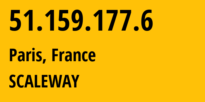 IP address 51.159.177.6 (Paris, Île-de-France, France) get location, coordinates on map, ISP provider AS12876 SCALEWAY // who is provider of ip address 51.159.177.6, whose IP address