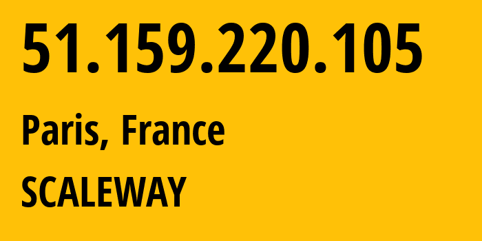 IP address 51.159.220.105 (Paris, Île-de-France, France) get location, coordinates on map, ISP provider AS12876 SCALEWAY // who is provider of ip address 51.159.220.105, whose IP address