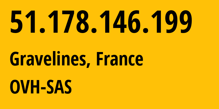 IP address 51.178.146.199 (Gravelines, Hauts-de-France, France) get location, coordinates on map, ISP provider AS16276 OVH-SAS // who is provider of ip address 51.178.146.199, whose IP address