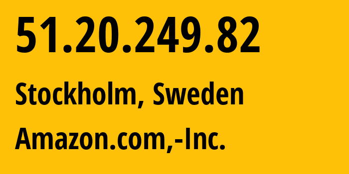 IP address 51.20.249.82 (Stockholm, Stockholm, Sweden) get location, coordinates on map, ISP provider AS16509 Amazon.com,-Inc. // who is provider of ip address 51.20.249.82, whose IP address