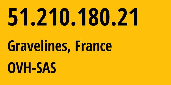 IP address 51.210.180.21 (Gravelines, Hauts-de-France, France) get location, coordinates on map, ISP provider AS16276 OVH-SAS // who is provider of ip address 51.210.180.21, whose IP address