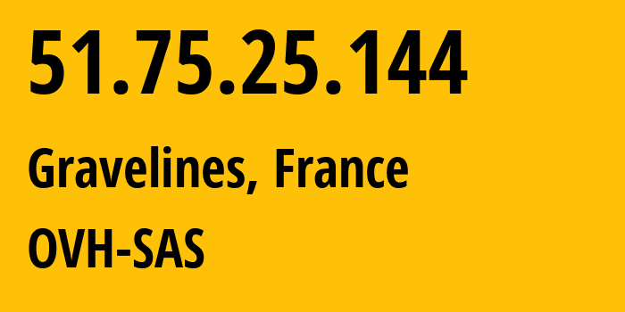 IP-адрес 51.75.25.144 (Гравлин, О-де-Франс, Франция) определить местоположение, координаты на карте, ISP провайдер AS16276 OVH-SAS // кто провайдер айпи-адреса 51.75.25.144