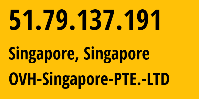 IP address 51.79.137.191 (Singapore, North West, Singapore) get location, coordinates on map, ISP provider AS16276 OVH-Singapore-PTE.-LTD // who is provider of ip address 51.79.137.191, whose IP address