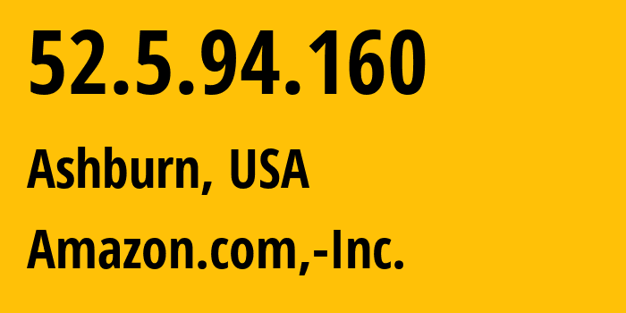 IP address 52.5.94.160 (Ashburn, Virginia, USA) get location, coordinates on map, ISP provider AS14618 Amazon.com,-Inc. // who is provider of ip address 52.5.94.160, whose IP address