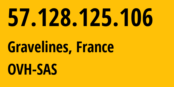 IP-адрес 57.128.125.106 (Гравлин, О-де-Франс, Франция) определить местоположение, координаты на карте, ISP провайдер AS16276 OVH-SAS // кто провайдер айпи-адреса 57.128.125.106