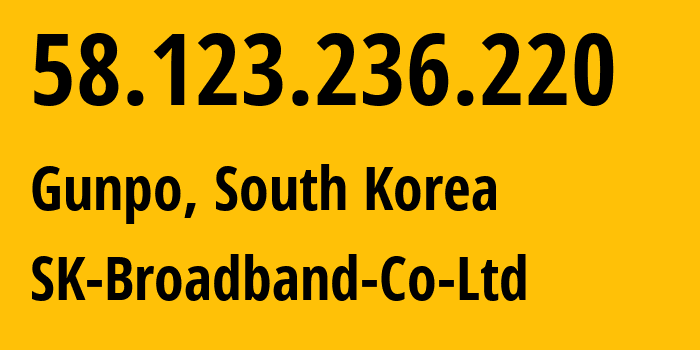 IP address 58.123.236.220 (Gunpo, Gyeonggi-do, South Korea) get location, coordinates on map, ISP provider AS9318 SK-Broadband-Co-Ltd // who is provider of ip address 58.123.236.220, whose IP address