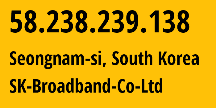 IP address 58.238.239.138 (Seongnam-si, Gyeonggi-do, South Korea) get location, coordinates on map, ISP provider AS9318 SK-Broadband-Co-Ltd // who is provider of ip address 58.238.239.138, whose IP address