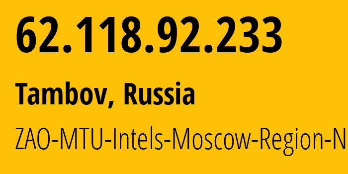 IP address 62.118.92.233 (Tambov, Tambov Oblast, Russia) get location, coordinates on map, ISP provider AS8359 ZAO-MTU-Intels-Moscow-Region-Network // who is provider of ip address 62.118.92.233, whose IP address