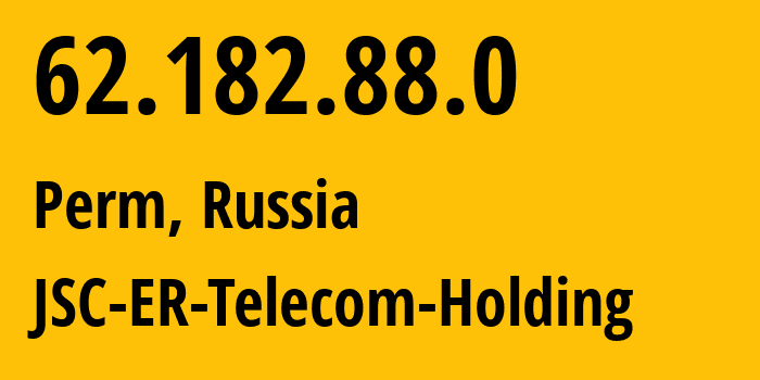 IP address 62.182.88.0 (Perm, Perm Krai, Russia) get location, coordinates on map, ISP provider AS25408 JSC-ER-Telecom-Holding // who is provider of ip address 62.182.88.0, whose IP address