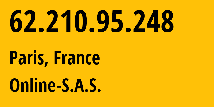 IP-адрес 62.210.95.248 (Париж, Иль-де-Франс, Франция) определить местоположение, координаты на карте, ISP провайдер AS12876 Online-S.A.S. // кто провайдер айпи-адреса 62.210.95.248