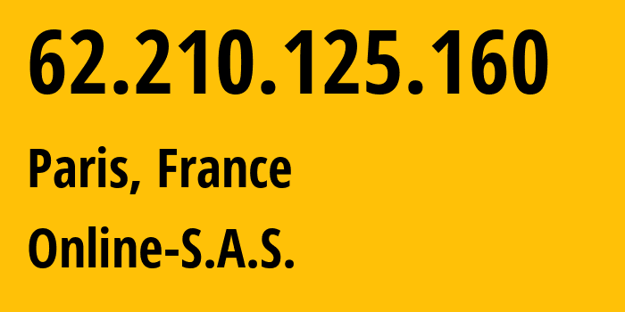 IP address 62.210.125.160 (Paris, Île-de-France, France) get location, coordinates on map, ISP provider AS12876 Online-S.A.S. // who is provider of ip address 62.210.125.160, whose IP address