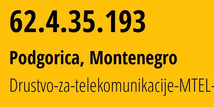 IP-адрес 62.4.35.193 (Подгорица, Podgorica, Черногория) определить местоположение, координаты на карте, ISP провайдер AS43940 Drustvo-za-telekomunikacije-MTEL-DOO // кто провайдер айпи-адреса 62.4.35.193