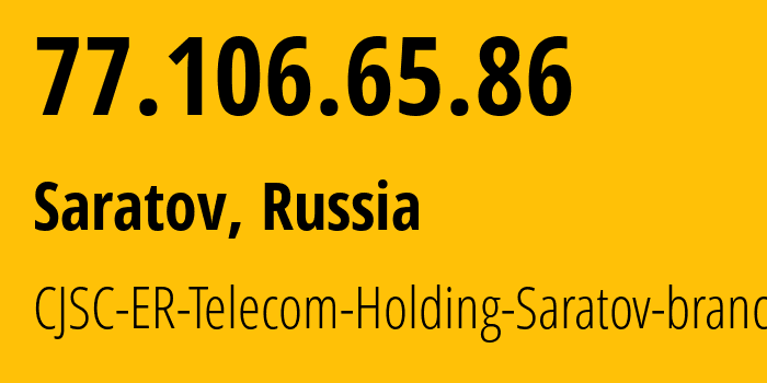 IP-адрес 77.106.65.86 (Саратов, Саратовская Область, Россия) определить местоположение, координаты на карте, ISP провайдер AS50543 CJSC-ER-Telecom-Holding-Saratov-branch // кто провайдер айпи-адреса 77.106.65.86