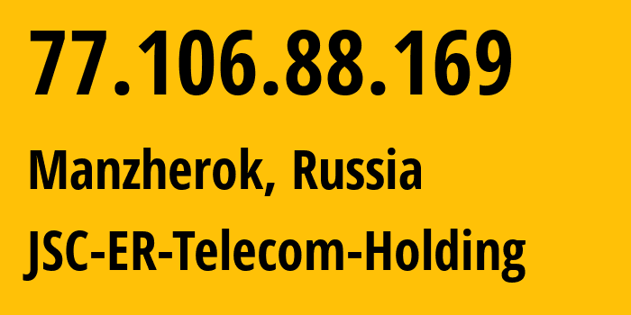 IP address 77.106.88.169 (Manzherok, Altai, Russia) get location, coordinates on map, ISP provider AS50512 JSC-ER-Telecom-Holding // who is provider of ip address 77.106.88.169, whose IP address