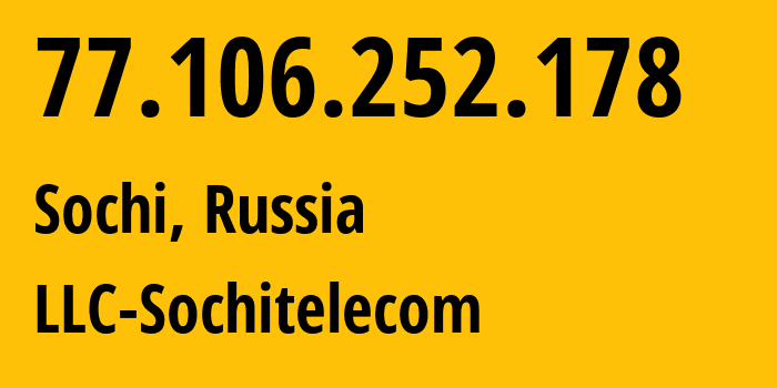 IP address 77.106.252.178 (Sochi, Krasnodar Krai, Russia) get location, coordinates on map, ISP provider AS42110 LLC-Sochitelecom // who is provider of ip address 77.106.252.178, whose IP address