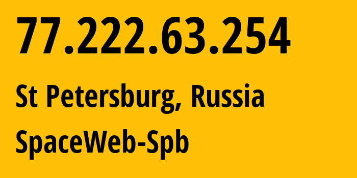 IP address 77.222.63.254 (St Petersburg, St.-Petersburg, Russia) get location, coordinates on map, ISP provider AS44112 SpaceWeb-Spb // who is provider of ip address 77.222.63.254, whose IP address