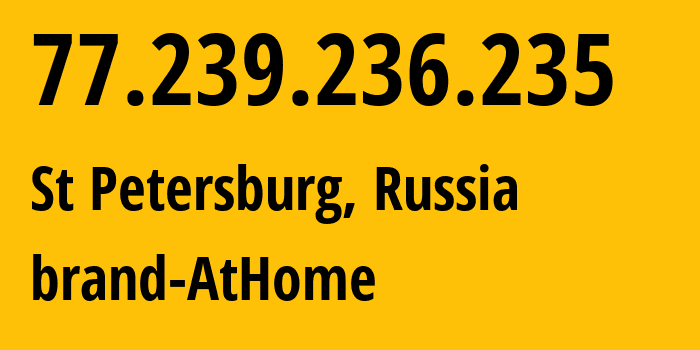 IP-адрес 77.239.236.235 (Санкт-Петербург, Санкт-Петербург, Россия) определить местоположение, координаты на карте, ISP провайдер AS39102 brand-AtHome // кто провайдер айпи-адреса 77.239.236.235