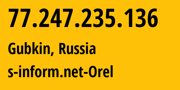 IP-адрес 77.247.235.136 (Губкин, Белгородская Область, Россия) определить местоположение, координаты на карте, ISP провайдер AS58002 s-inform.net-Orel // кто провайдер айпи-адреса 77.247.235.136