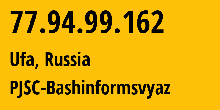 IP address 77.94.99.162 (Ufa, Bashkortostan Republic, Russia) get location, coordinates on map, ISP provider AS28812 PJSC-Bashinformsvyaz // who is provider of ip address 77.94.99.162, whose IP address