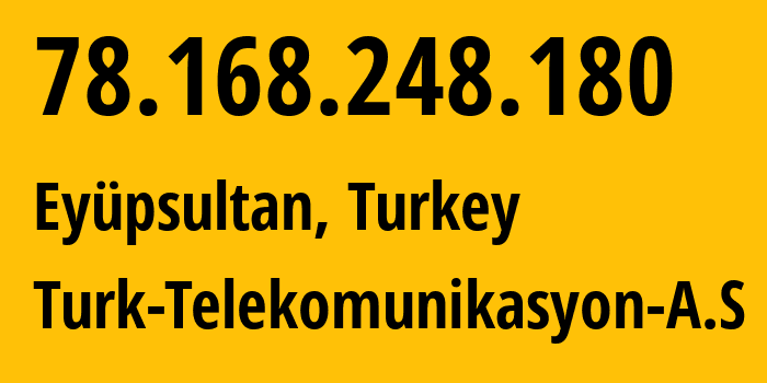 IP-адрес 78.168.248.180 (Стамбул, Стамбул, Турция) определить местоположение, координаты на карте, ISP провайдер AS9121 Turk-Telekomunikasyon-A.S // кто провайдер айпи-адреса 78.168.248.180