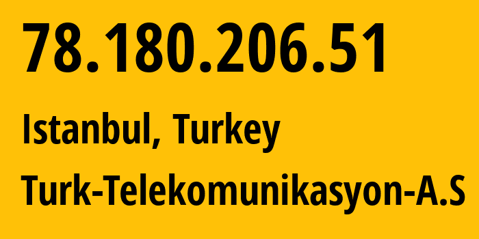 IP-адрес 78.180.206.51 (Стамбул, Стамбул, Турция) определить местоположение, координаты на карте, ISP провайдер AS47331 Turk-Telekomunikasyon-A.S // кто провайдер айпи-адреса 78.180.206.51