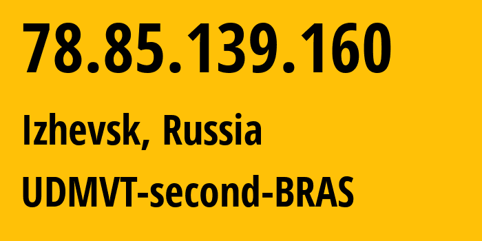 IP address 78.85.139.160 (Izhevsk, Udmurtiya Republic, Russia) get location, coordinates on map, ISP provider AS12389 UDMVT-second-BRAS // who is provider of ip address 78.85.139.160, whose IP address