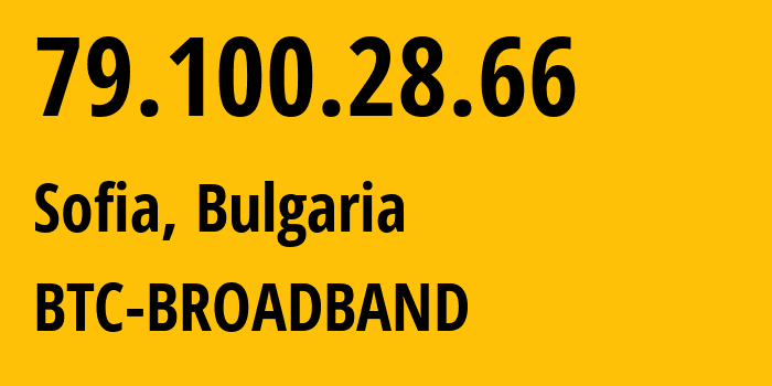 IP address 79.100.28.66 (Sofia, Sofia-Capital, Bulgaria) get location, coordinates on map, ISP provider AS8866 BTC-BROADBAND // who is provider of ip address 79.100.28.66, whose IP address