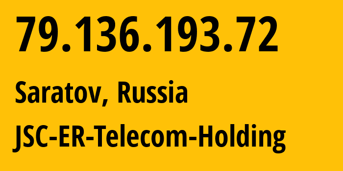 IP-адрес 79.136.193.72 (Саратов, Саратовская Область, Россия) определить местоположение, координаты на карте, ISP провайдер AS50543 JSC-ER-Telecom-Holding // кто провайдер айпи-адреса 79.136.193.72