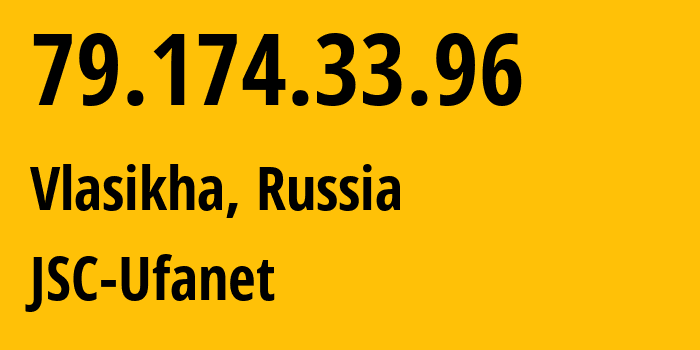 IP address 79.174.33.96 (Vlasikha, Moscow Oblast, Russia) get location, coordinates on map, ISP provider AS47119 JSC-Ufanet // who is provider of ip address 79.174.33.96, whose IP address