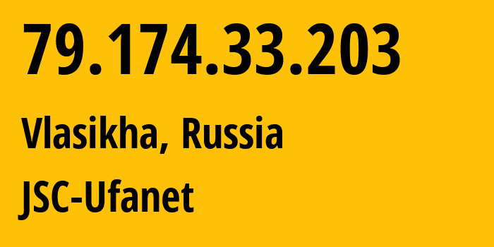 IP address 79.174.33.203 (Vlasikha, Moscow Oblast, Russia) get location, coordinates on map, ISP provider AS47119 JSC-Ufanet // who is provider of ip address 79.174.33.203, whose IP address