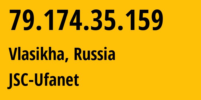 IP address 79.174.35.159 (Vlasikha, Moscow Oblast, Russia) get location, coordinates on map, ISP provider AS47119 JSC-Ufanet // who is provider of ip address 79.174.35.159, whose IP address