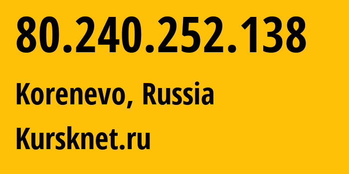 IP-адрес 80.240.252.138 (Коренево, Курская Область, Россия) определить местоположение, координаты на карте, ISP провайдер AS35516 Kursknet.ru // кто провайдер айпи-адреса 80.240.252.138