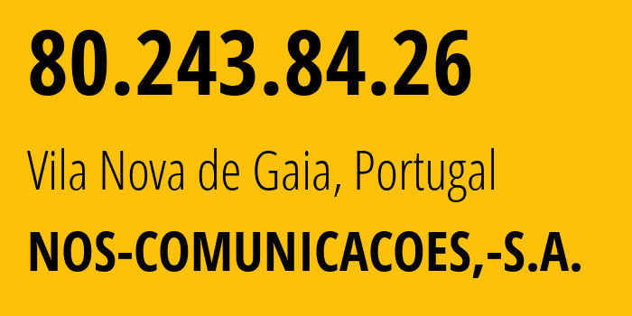IP-адрес 80.243.84.26 (Вила-Нова-де-Гайя, Порту, Португалия) определить местоположение, координаты на карте, ISP провайдер AS2860 NOS-COMUNICACOES,-S.A. // кто провайдер айпи-адреса 80.243.84.26