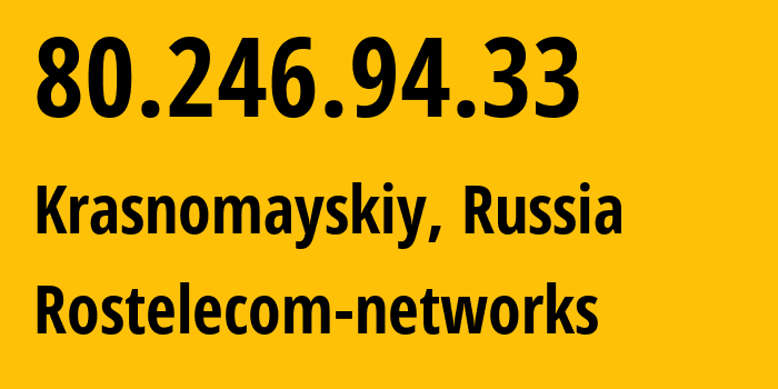 IP address 80.246.94.33 (Krasnomayskiy, Tver Oblast, Russia) get location, coordinates on map, ISP provider AS21378 Rostelecom-networks // who is provider of ip address 80.246.94.33, whose IP address