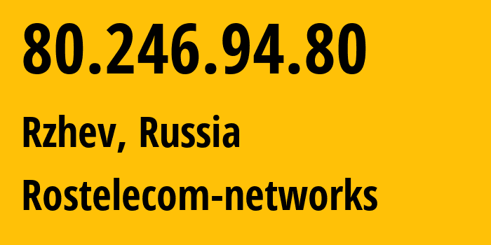 IP-адрес 80.246.94.80 (Ржев, Тверская Область, Россия) определить местоположение, координаты на карте, ISP провайдер AS21378 Rostelecom-networks // кто провайдер айпи-адреса 80.246.94.80