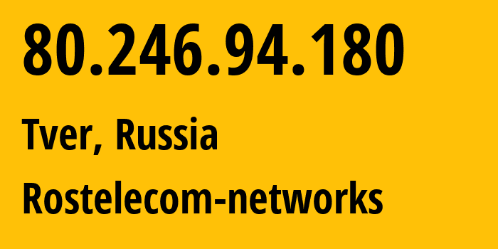 IP address 80.246.94.180 (Rzhev, Tver Oblast, Russia) get location, coordinates on map, ISP provider AS21378 Rostelecom-networks // who is provider of ip address 80.246.94.180, whose IP address