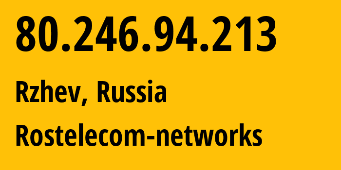 IP address 80.246.94.213 (Rzhev, Tver Oblast, Russia) get location, coordinates on map, ISP provider AS21378 Rostelecom-networks // who is provider of ip address 80.246.94.213, whose IP address