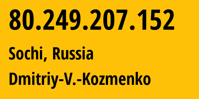 IP address 80.249.207.152 (Sochi, Krasnodar Krai, Russia) get location, coordinates on map, ISP provider AS47586 Dmitriy-V.-Kozmenko // who is provider of ip address 80.249.207.152, whose IP address