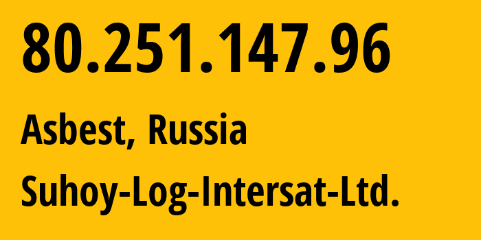 IP address 80.251.147.96 (Asbest, Sverdlovsk Oblast, Russia) get location, coordinates on map, ISP provider AS38972 Suhoy-Log-Intersat-Ltd. // who is provider of ip address 80.251.147.96, whose IP address