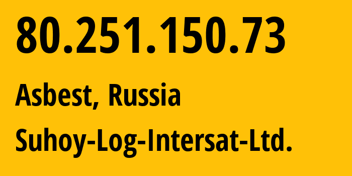 IP address 80.251.150.73 (Asbest, Sverdlovsk Oblast, Russia) get location, coordinates on map, ISP provider AS38972 Suhoy-Log-Intersat-Ltd. // who is provider of ip address 80.251.150.73, whose IP address