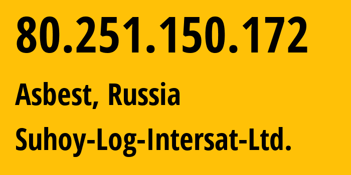 IP-адрес 80.251.150.172 (Асбест, Свердловская Область, Россия) определить местоположение, координаты на карте, ISP провайдер AS38972 Suhoy-Log-Intersat-Ltd. // кто провайдер айпи-адреса 80.251.150.172