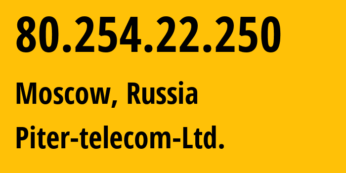 IP address 80.254.22.250 (Moscow, Moscow, Russia) get location, coordinates on map, ISP provider AS39101 Piter-telecom-Ltd. // who is provider of ip address 80.254.22.250, whose IP address