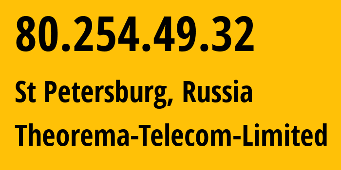 IP-адрес 80.254.49.32 (Санкт-Петербург, Санкт-Петербург, Россия) определить местоположение, координаты на карте, ISP провайдер AS39046 Theorema-Telecom-Limited // кто провайдер айпи-адреса 80.254.49.32