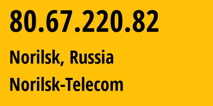 IP address 80.67.220.82 (Norilsk, Krasnoyarsk Krai, Russia) get location, coordinates on map, ISP provider AS33871 Norilsk-Telecom // who is provider of ip address 80.67.220.82, whose IP address