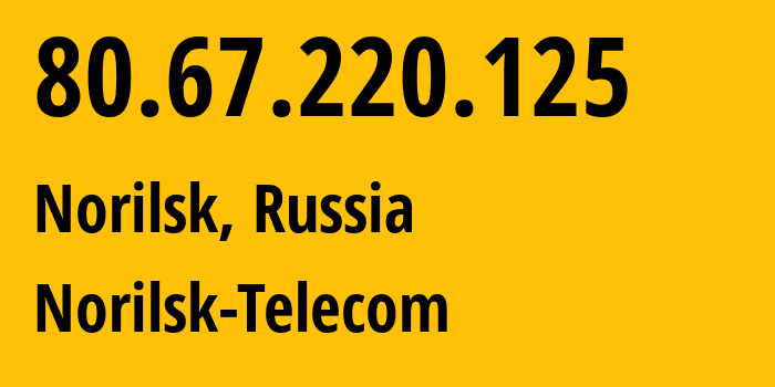 IP address 80.67.220.125 (Norilsk, Krasnoyarsk Krai, Russia) get location, coordinates on map, ISP provider AS33871 Norilsk-Telecom // who is provider of ip address 80.67.220.125, whose IP address