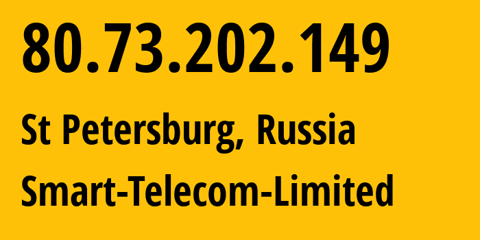 IP-адрес 80.73.202.149 (Санкт-Петербург, Санкт-Петербург, Россия) определить местоположение, координаты на карте, ISP провайдер AS31376 Smart-Telecom-Limited // кто провайдер айпи-адреса 80.73.202.149