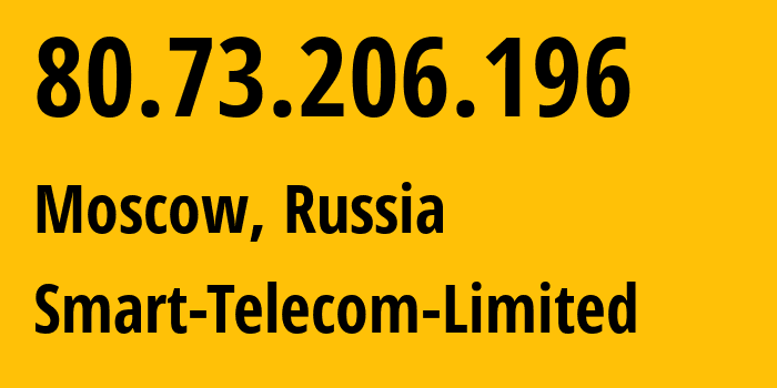 IP address 80.73.206.196 (Moscow, Moscow, Russia) get location, coordinates on map, ISP provider AS31376 Smart-Telecom-Limited // who is provider of ip address 80.73.206.196, whose IP address