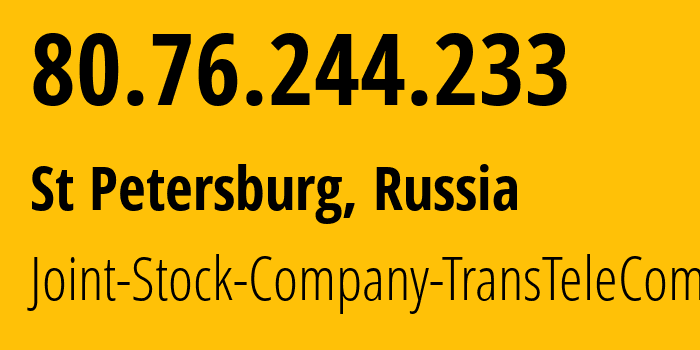 IP address 80.76.244.233 (St Petersburg, St.-Petersburg, Russia) get location, coordinates on map, ISP provider AS20485 Joint-Stock-Company-TransTeleCom // who is provider of ip address 80.76.244.233, whose IP address