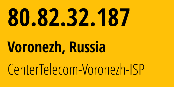 IP-адрес 80.82.32.187 (Воронеж, Воронежская Область, Россия) определить местоположение, координаты на карте, ISP провайдер AS21017 CenterTelecom-Voronezh-ISP // кто провайдер айпи-адреса 80.82.32.187