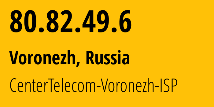 IP address 80.82.49.6 (Voronezh, Voronezh Oblast, Russia) get location, coordinates on map, ISP provider AS21017 CenterTelecom-Voronezh-ISP // who is provider of ip address 80.82.49.6, whose IP address